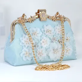 White Floral Shimmering Gold Embroidered Fabric Something Blue Bridal Wedding Bag, Rhinestone Statement Bag, Evening Clutch, Cross Body Bag